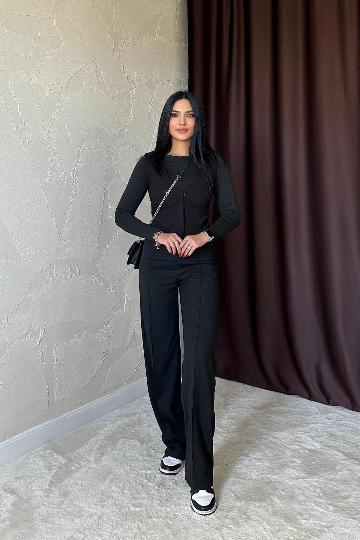 Black Draw String Front Pleat Trousers