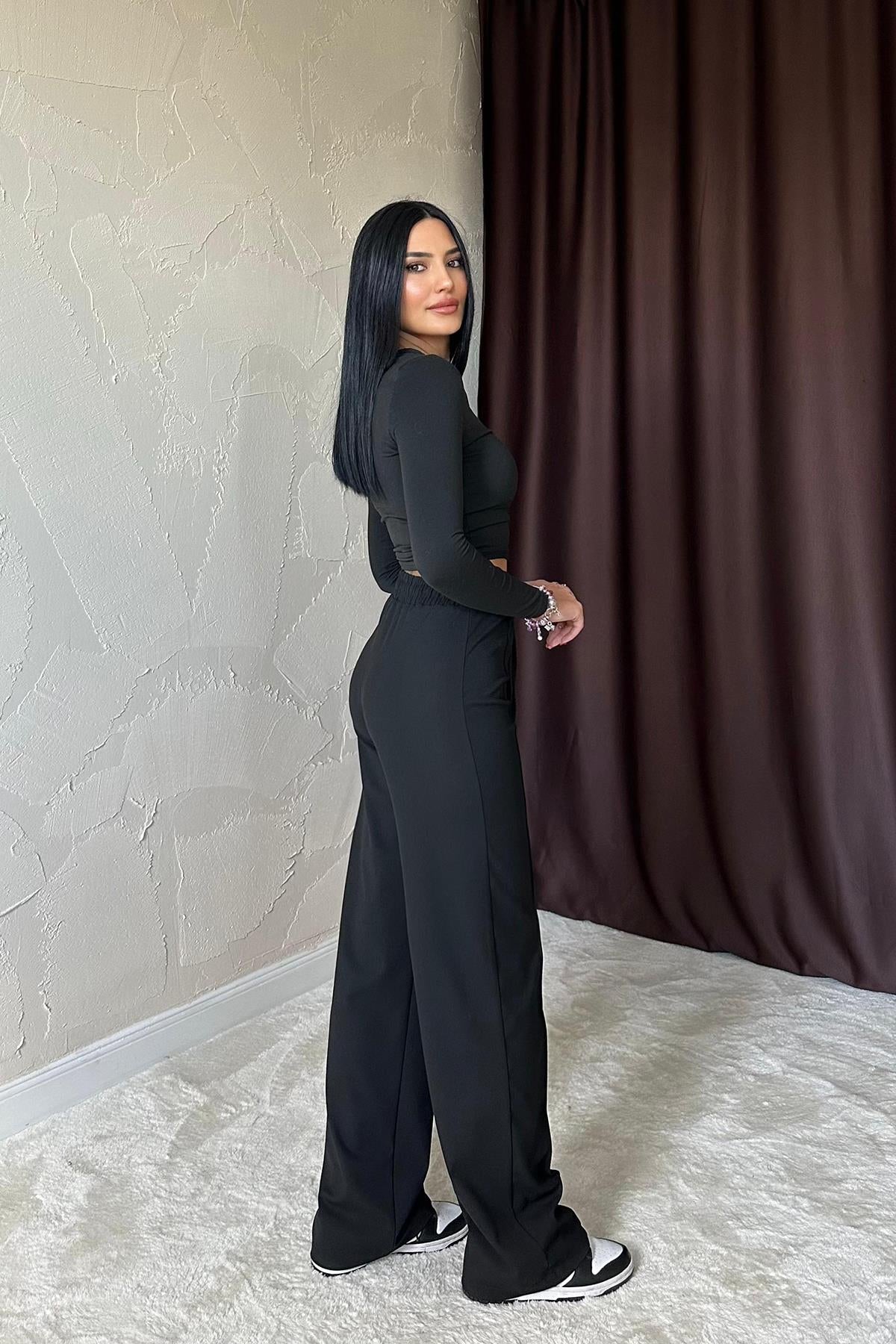 Black Draw String Front Pleat Trousers