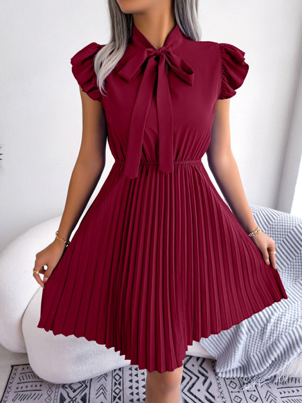 Red Women's Ruffle Sleeve Bow Detail Pleated Dress