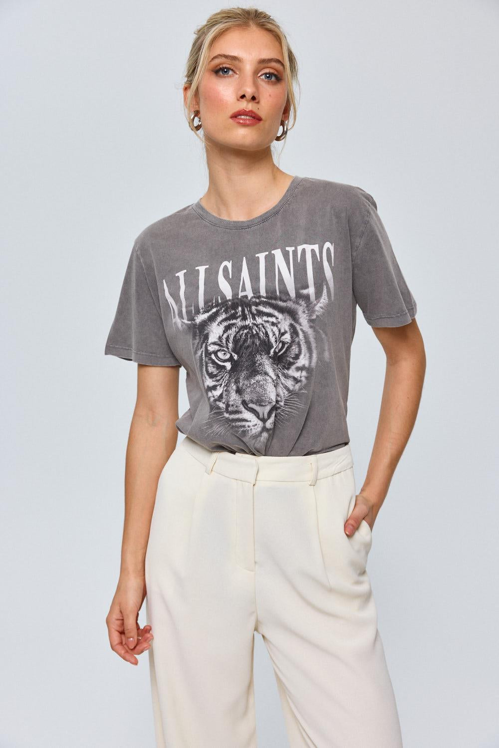 Tiger Image Grey Casual Short Sleeved T Shirt