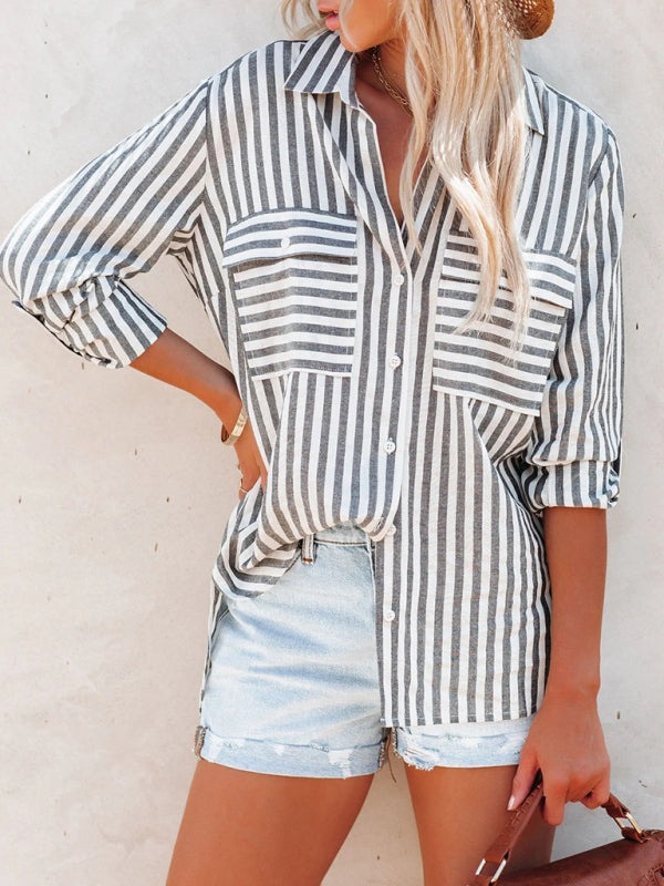 Women's Linen Cotton Washed Water Stripe Single Breasted Long Sleeve Shirt Women - 5 colours available