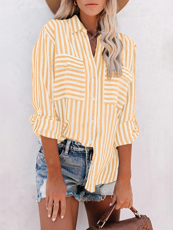 Women's Linen Cotton Washed Water Stripe Single Breasted Long Sleeve Shirt Women - 5 colours available