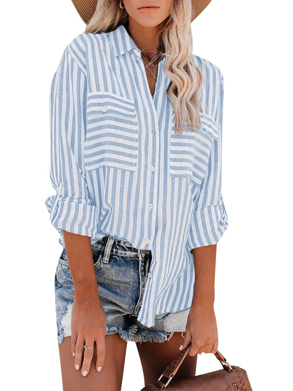Women's Linen Cotton Washed Water Stripe Single Breasted Long Sleeve Shirt Women - 5 colours available
