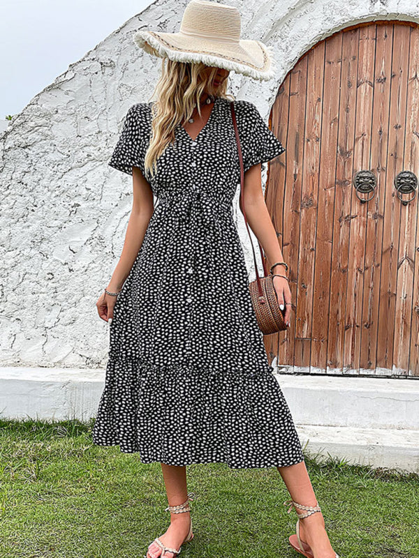 European and American temperament women's split ruffled leopard print dress - 2 colours available