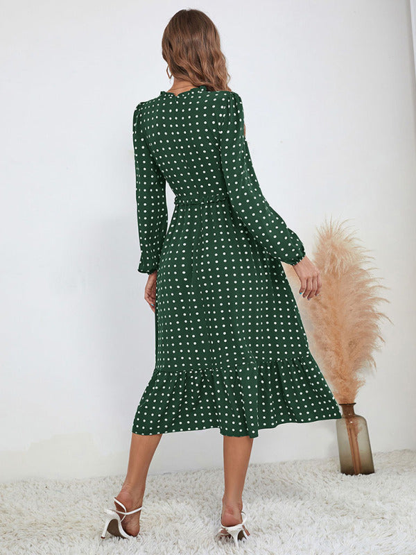 Women's casual long sleeve French polka dot dress - 3 colours available