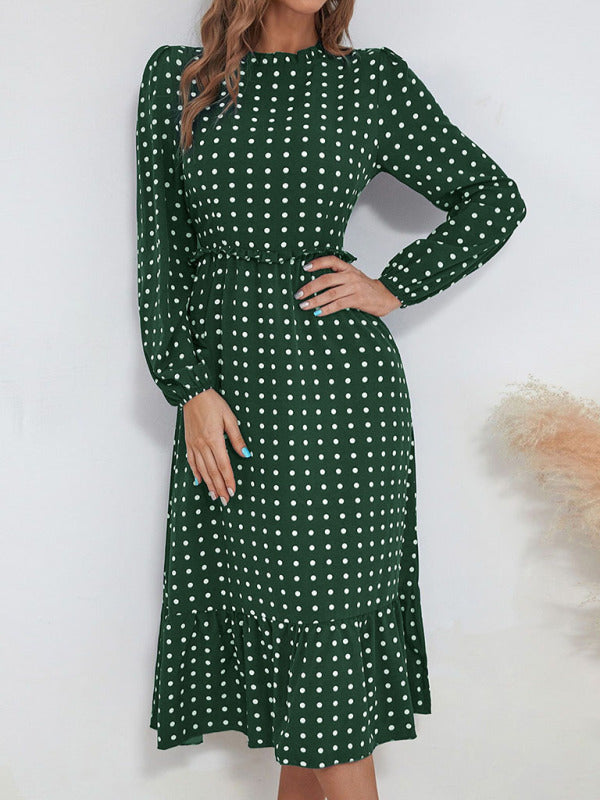 Women's casual long sleeve French polka dot dress - 3 colours available