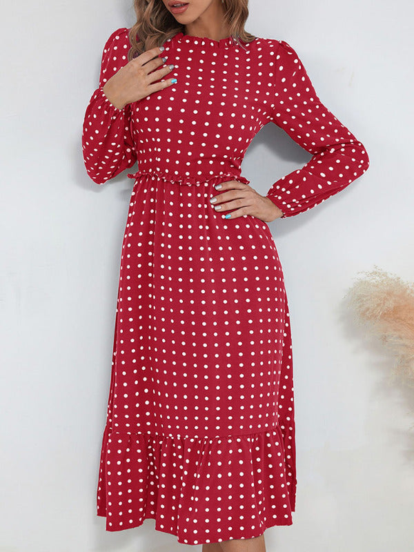 Women's casual long sleeve French polka dot dress - 3 colours available