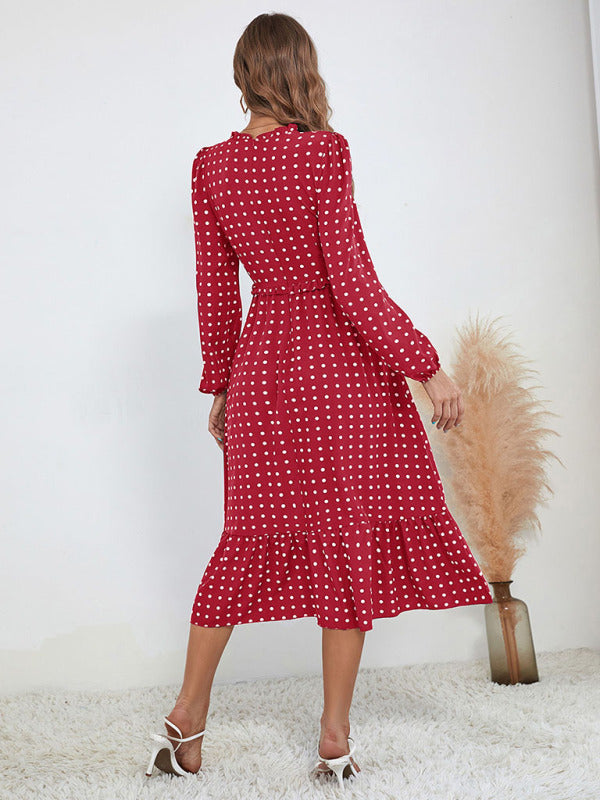 Women's casual long sleeve French polka dot dress - 3 colours available