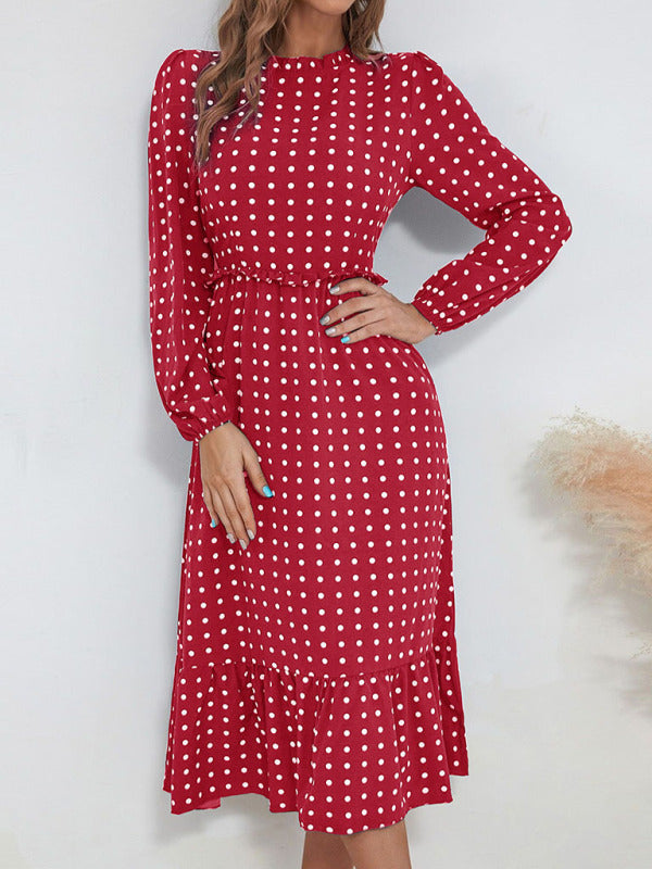 Women's casual long sleeve French polka dot dress - 3 colours available