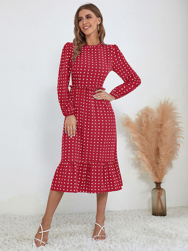 Women's casual long sleeve French polka dot dress - 3 colours available