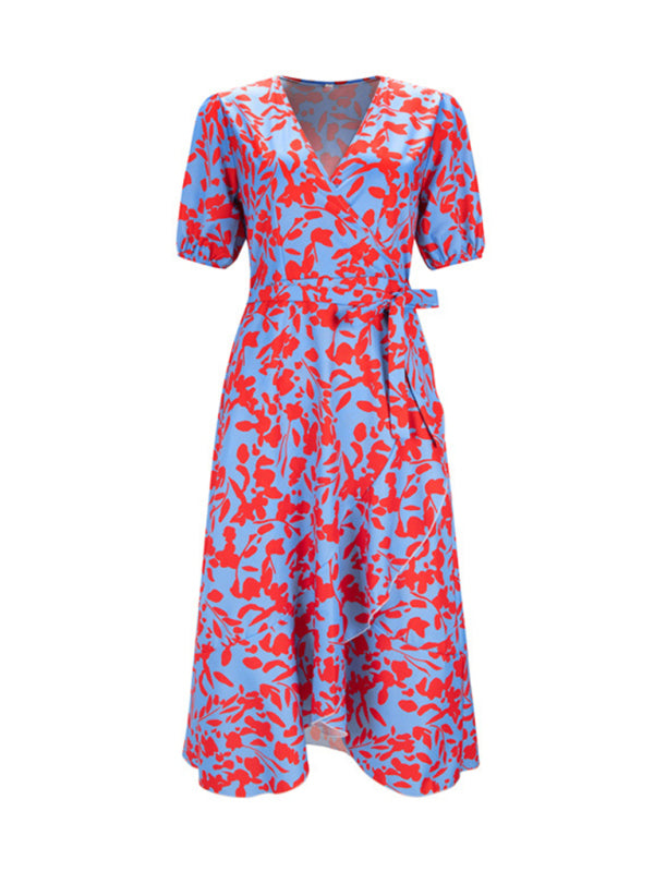 Women's printed V-neck short-sleeved ruffled dress