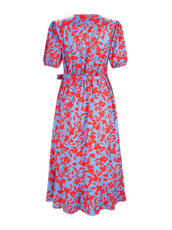 Women's printed V-neck short-sleeved ruffled dress