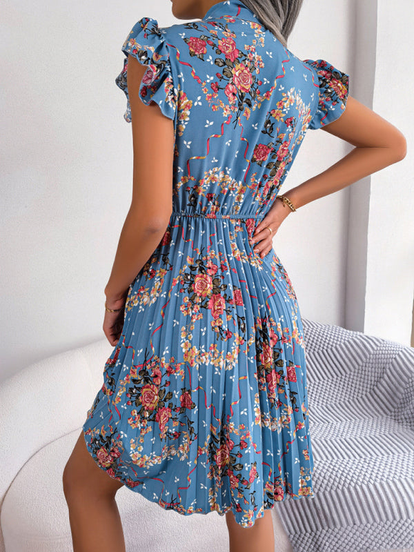 Women's Elegant Flower Tie Waist Swing Pleated Skirt
