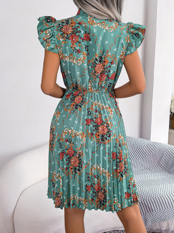 Women's Elegant Flower Tie Waist Swing Pleated Skirt