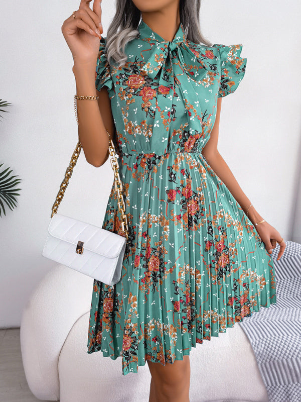 Women's Elegant Flower Tie Waist Swing Pleated Skirt