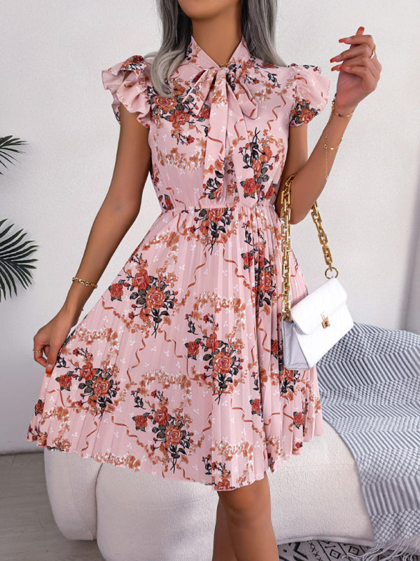Women's Elegant Flower Tie Waist Swing Pleated Skirt