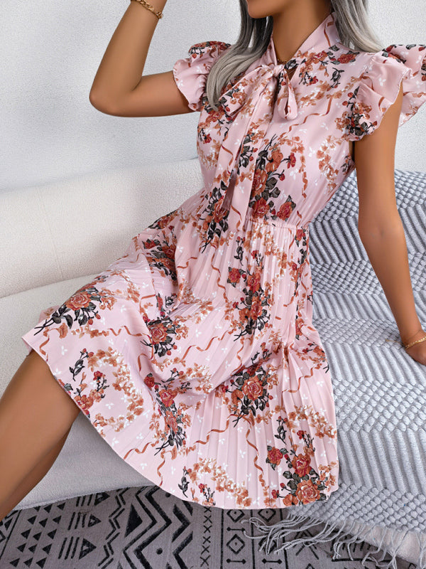Women's Elegant Flower Tie Waist Swing Pleated Skirt