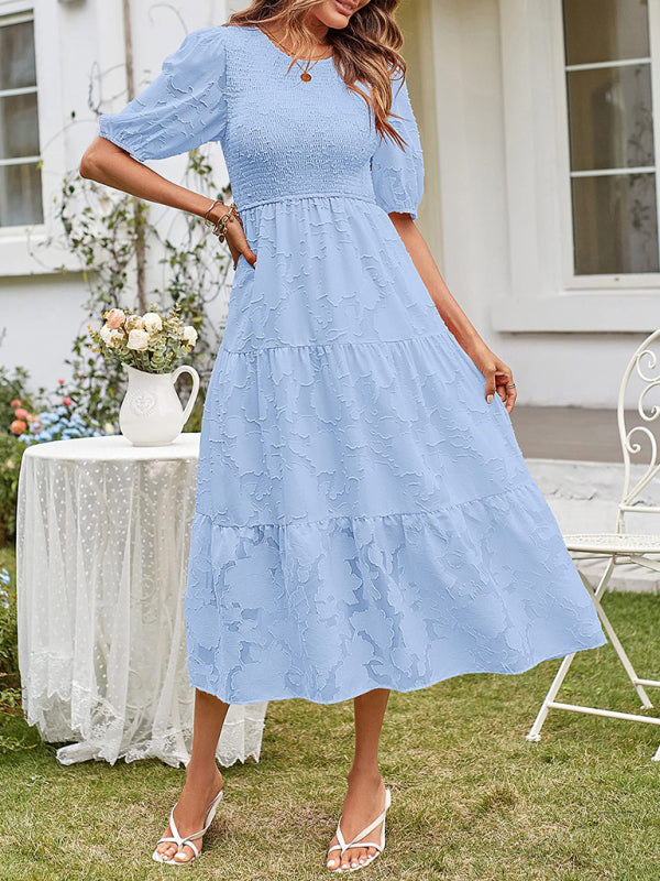 Women's Solid Color Jacquard Chiffon Round Neck Pleated Dress - 5 colours available