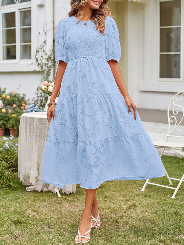 Women's Solid Color Jacquard Chiffon Round Neck Pleated Dress - 5 colours available