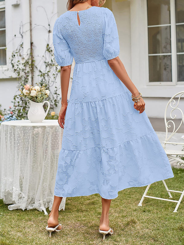 Women's Solid Color Jacquard Chiffon Round Neck Pleated Dress - 5 colours available