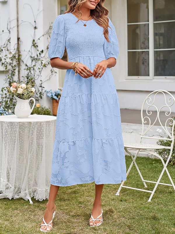 Women's Solid Color Jacquard Chiffon Round Neck Pleated Dress - 5 colours available