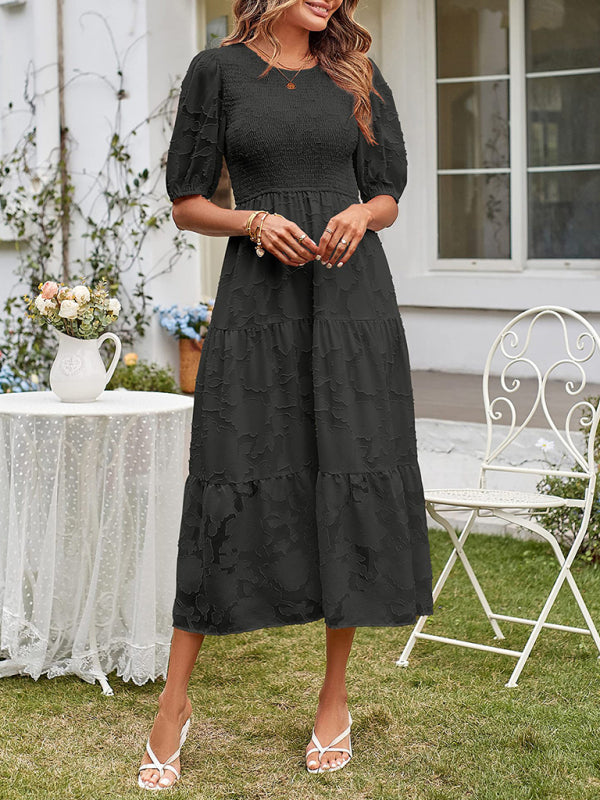 Women's Solid Color Jacquard Chiffon Round Neck Pleated Dress - 5 colours available