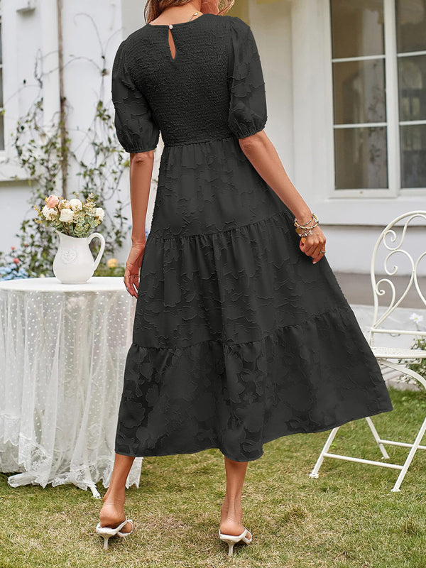 Women's Solid Color Jacquard Chiffon Round Neck Pleated Dress - 5 colours available
