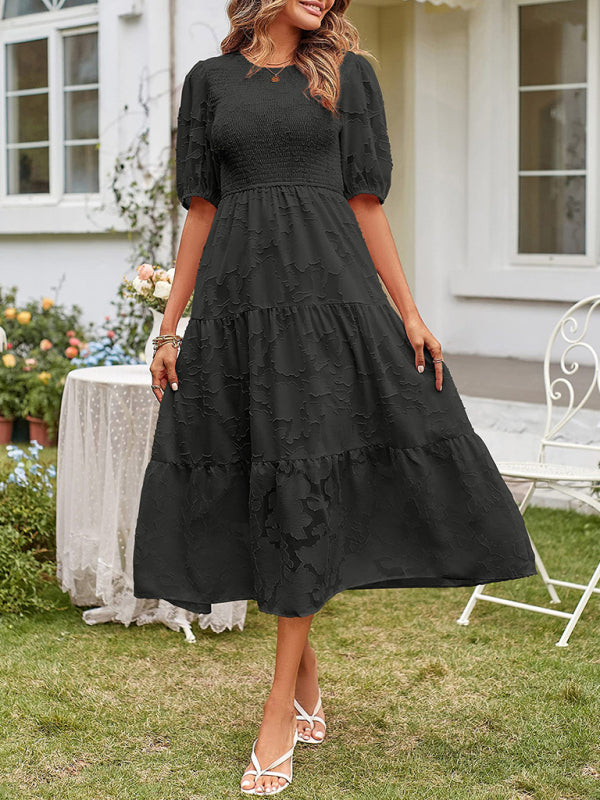 Women's Solid Color Jacquard Chiffon Round Neck Pleated Dress - 5 colours available