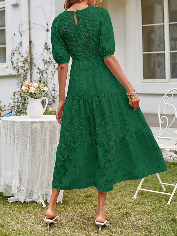 Women's Solid Color Jacquard Chiffon Round Neck Pleated Dress - 5 colours available