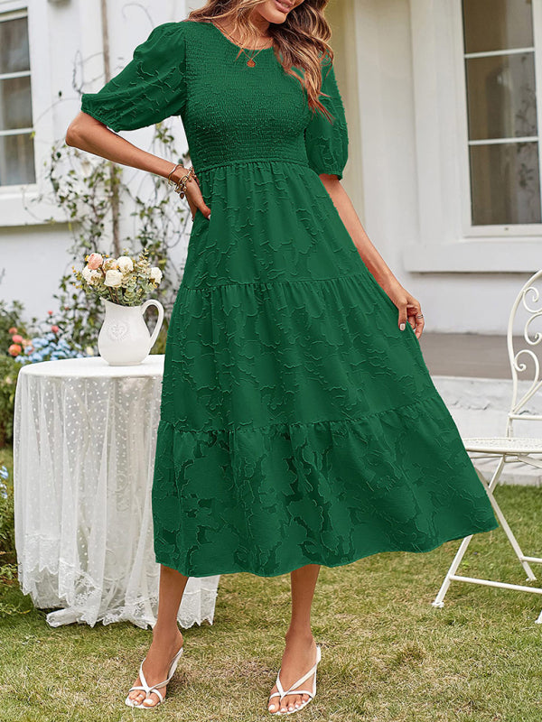 Women's Solid Color Jacquard Chiffon Round Neck Pleated Dress - 5 colours available