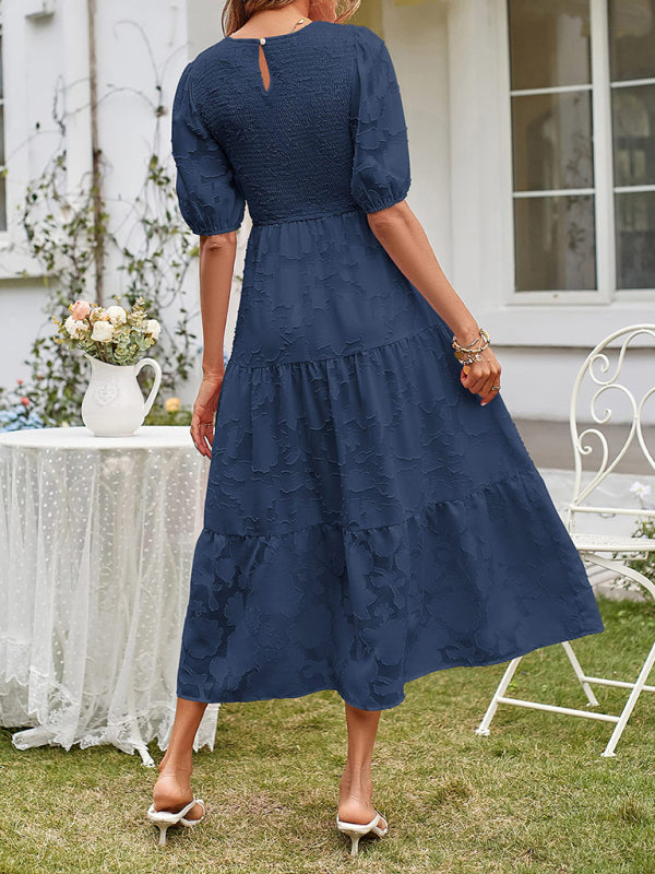 Women's Solid Color Jacquard Chiffon Round Neck Pleated Dress - 5 colours available