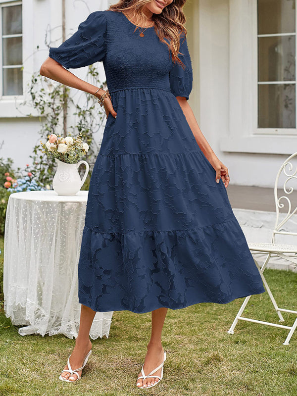 Women's Solid Color Jacquard Chiffon Round Neck Pleated Dress - 5 colours available