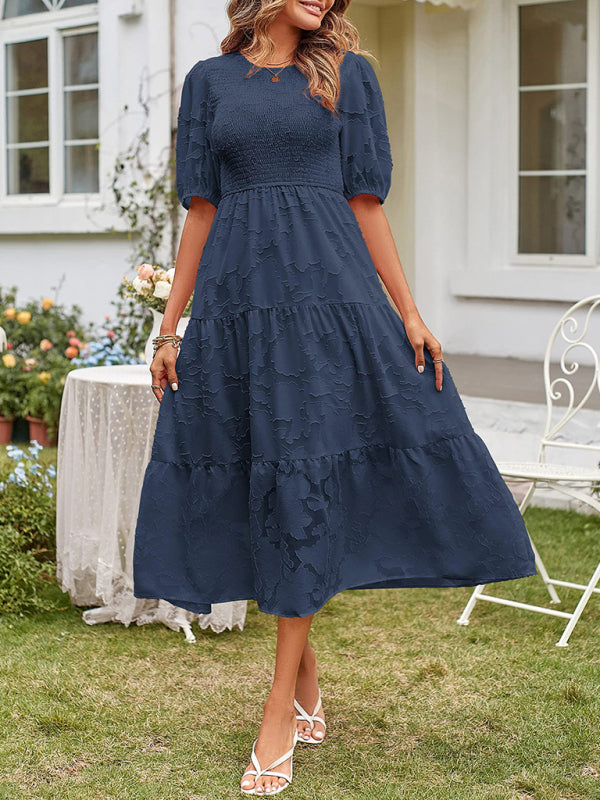 Women's Solid Color Jacquard Chiffon Round Neck Pleated Dress - 5 colours available