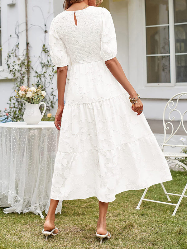 Women's Solid Color Jacquard Chiffon Round Neck Pleated Dress - 5 colours available