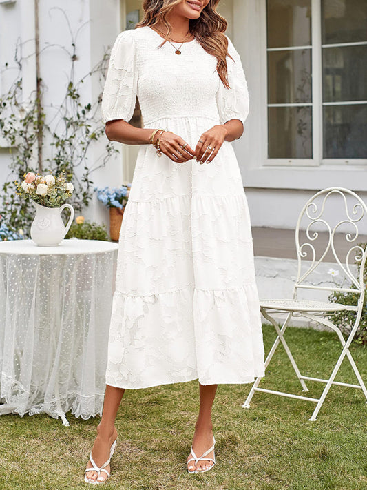 Women's Solid Color Jacquard Chiffon Round Neck Pleated Dress - 5 colours available