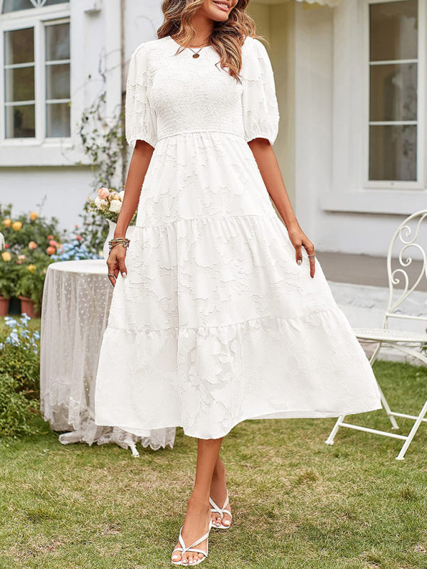 Women's Solid Color Jacquard Chiffon Round Neck Pleated Dress - 5 colours available