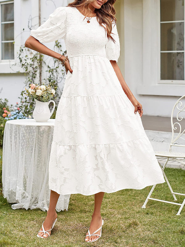 Women's Solid Color Jacquard Chiffon Round Neck Pleated Dress - 5 colours available