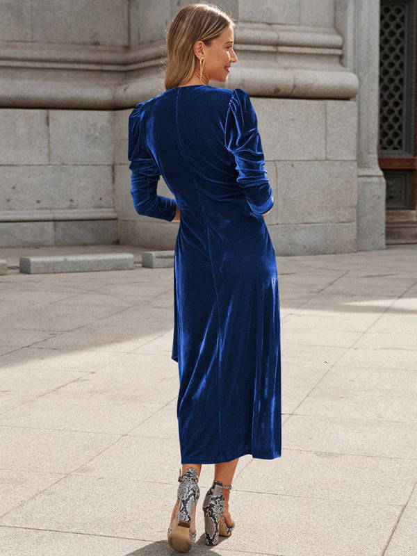 French Elegant Long Sleeve Evening Gown Velvet Dress - 4 colours available
