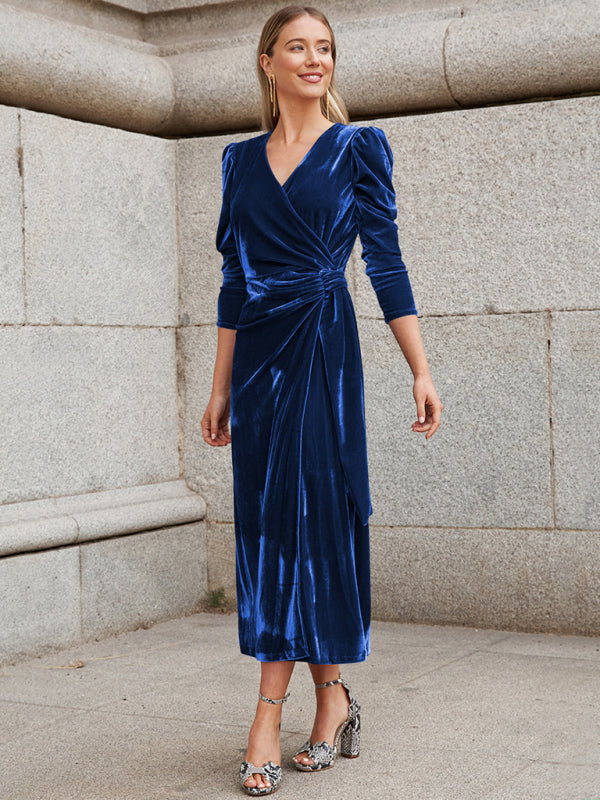 French Elegant Long Sleeve Evening Gown Velvet Dress - 4 colours available