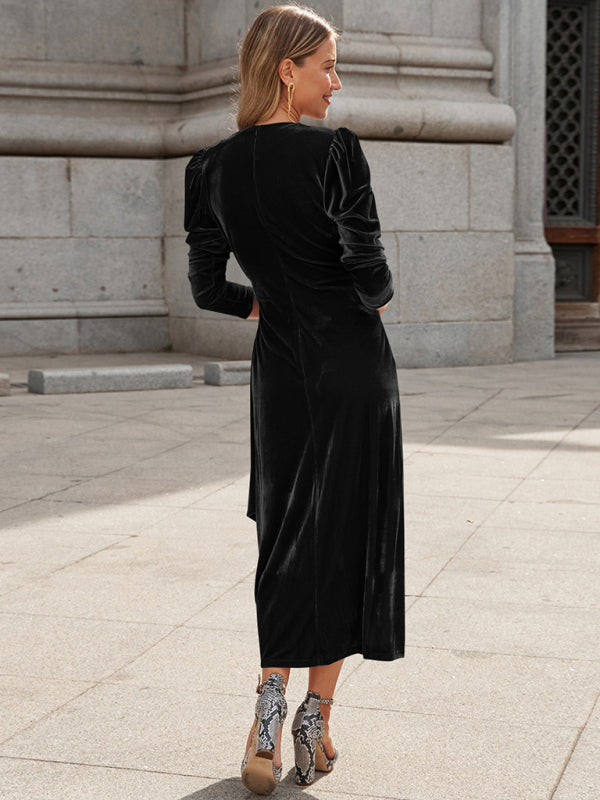 French Elegant Long Sleeve Evening Gown Velvet Dress - 4 colours available