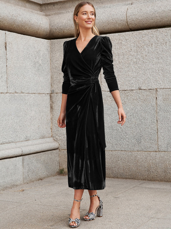 French Elegant Long Sleeve Evening Gown Velvet Dress - 4 colours available