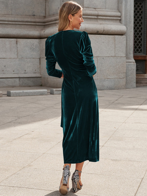 French Elegant Long Sleeve Evening Gown Velvet Dress - 4 colours available