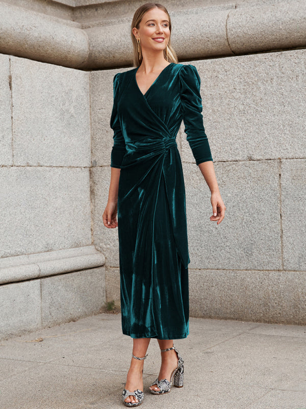 French Elegant Long Sleeve Evening Gown Velvet Dress - 4 colours available