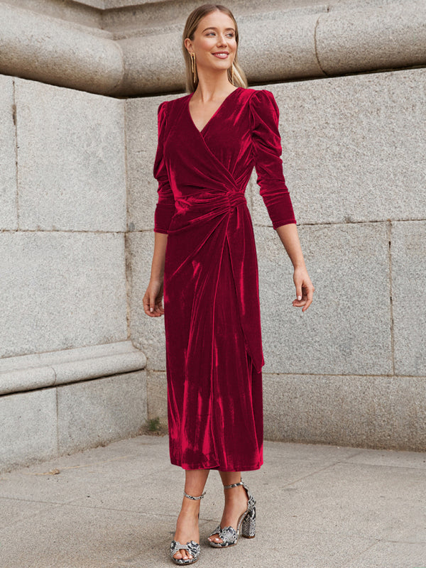 French Elegant Long Sleeve Evening Gown Velvet Dress - 4 colours available