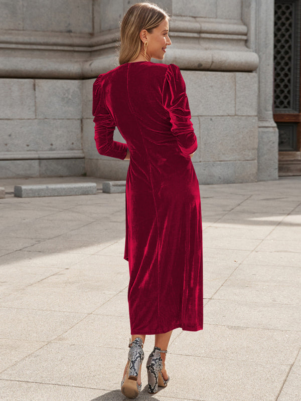 French Elegant Long Sleeve Evening Gown Velvet Dress - 4 colours available