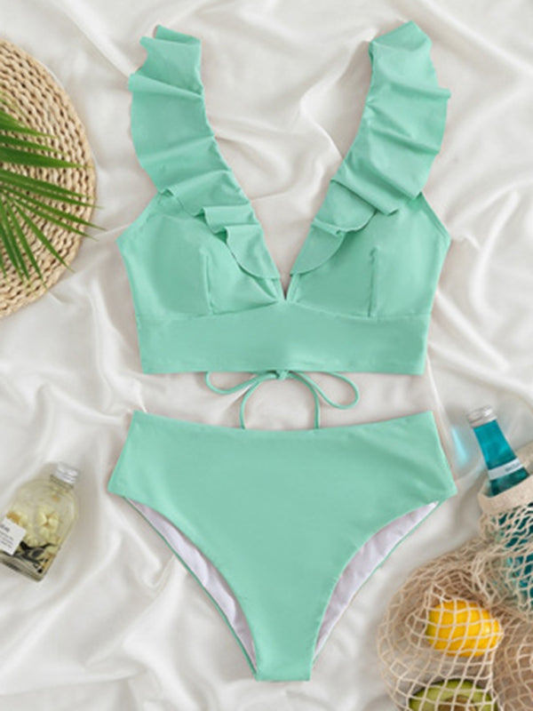 New women's lace V-neck ruffled high-waist split swimsuit bikini - 10 colours available