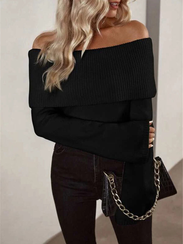 New style one-line collar slim fashion sexy knitted long-sleeved sweater - 2 Colours Available