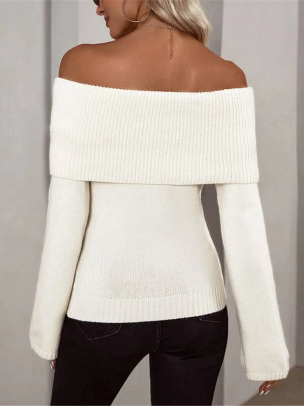 New style one-line collar slim fashion sexy knitted long-sleeved sweater - 2 Colours Available