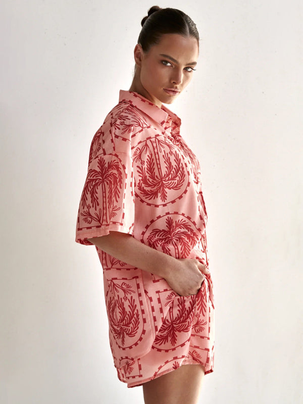 New resort style fashionable printed short-sleeved cardigan shorts suit - 2 colour options