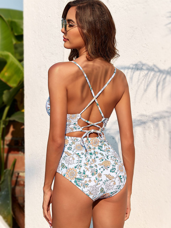 New sexy strappy printed smocked one-piece swimsuit - 3 colours available